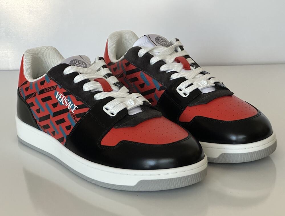 Versace Greca Men’s Leather Black/Orange Red Sneakers 13 US (46) 1013377 IT NIB